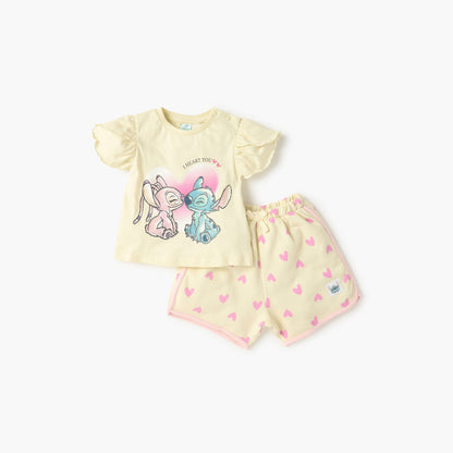Disney Stitch and Angel Print T-shirt and Shorts Set - Yellow / 24-36 mths