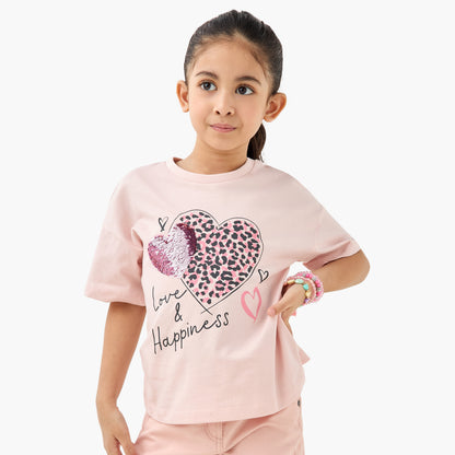 Juniors Heart Print T-shirt with Short Sleeves - Pink / 1-2 yrs