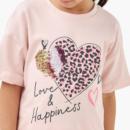 Juniors Heart Print T-shirt with Short Sleeves