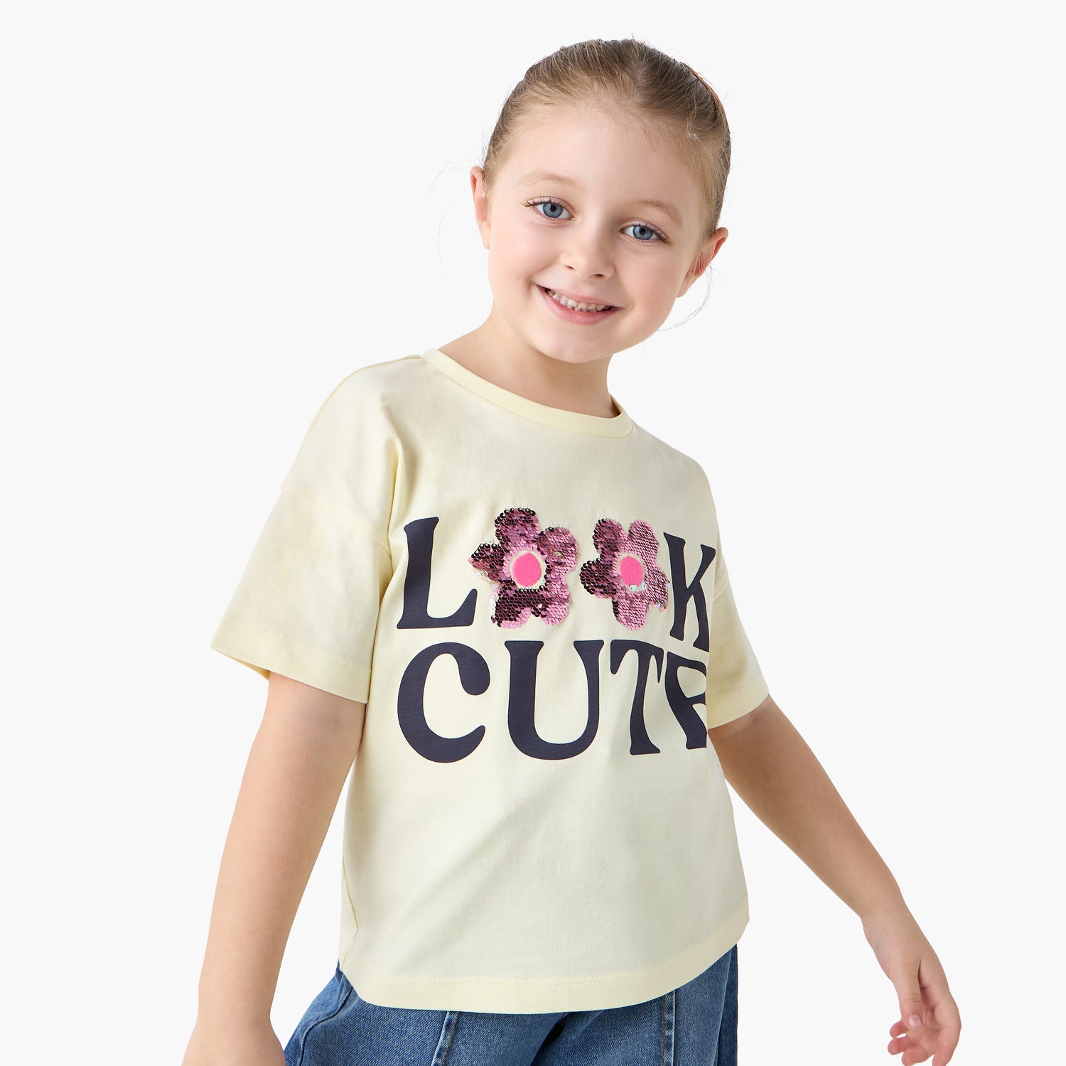Juniors Embellished Crew Neck T-shirt with Short Sleeves - Yellow / 1-2 yrs