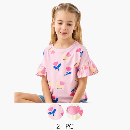 Juniors Floral Print T-shirt with Crew Neck and Ruffle Sleeves - Set of 2 - Pink / 1-2 yrs