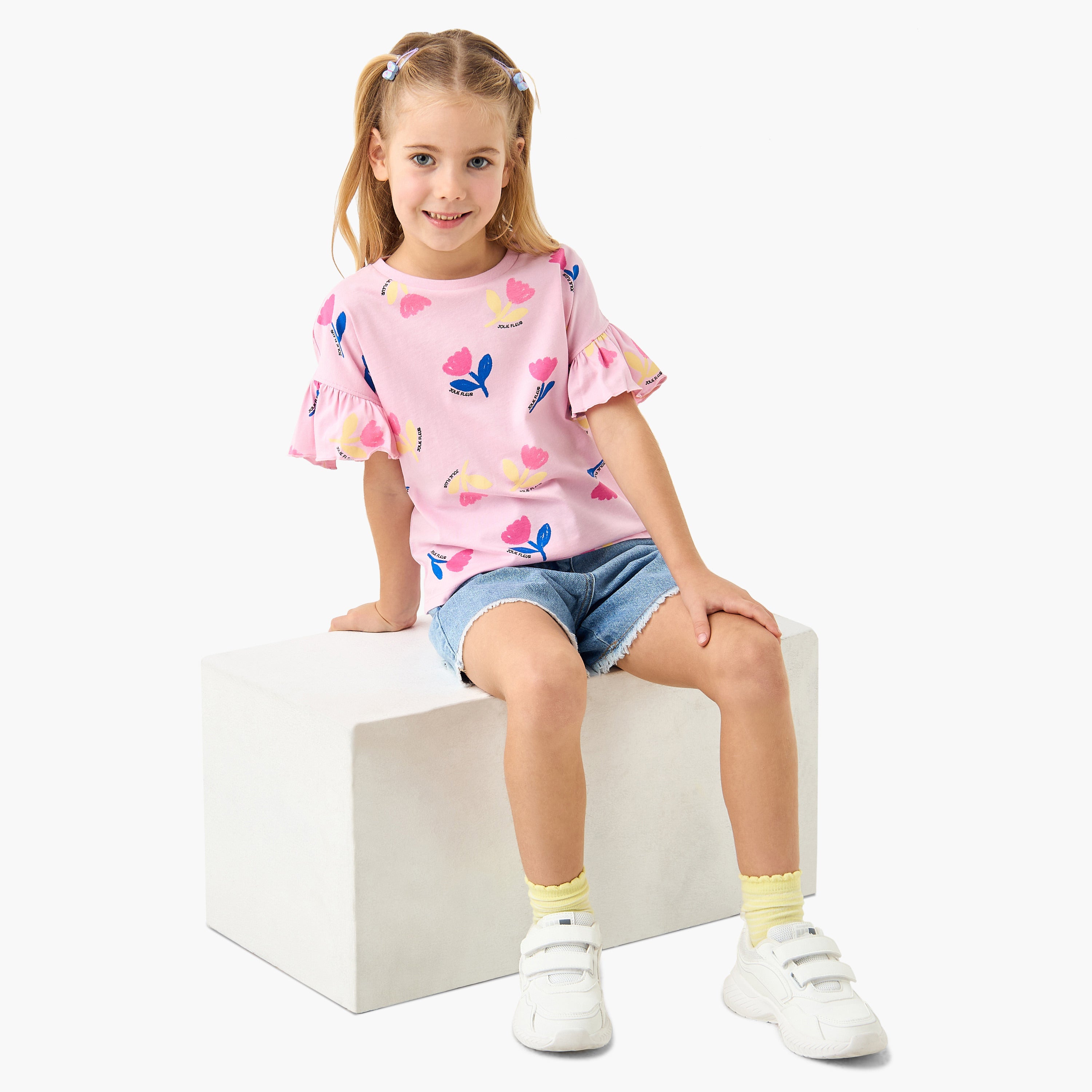Juniors Floral Print T-shirt with Crew Neck and Ruffle Sleeves - Set of 2