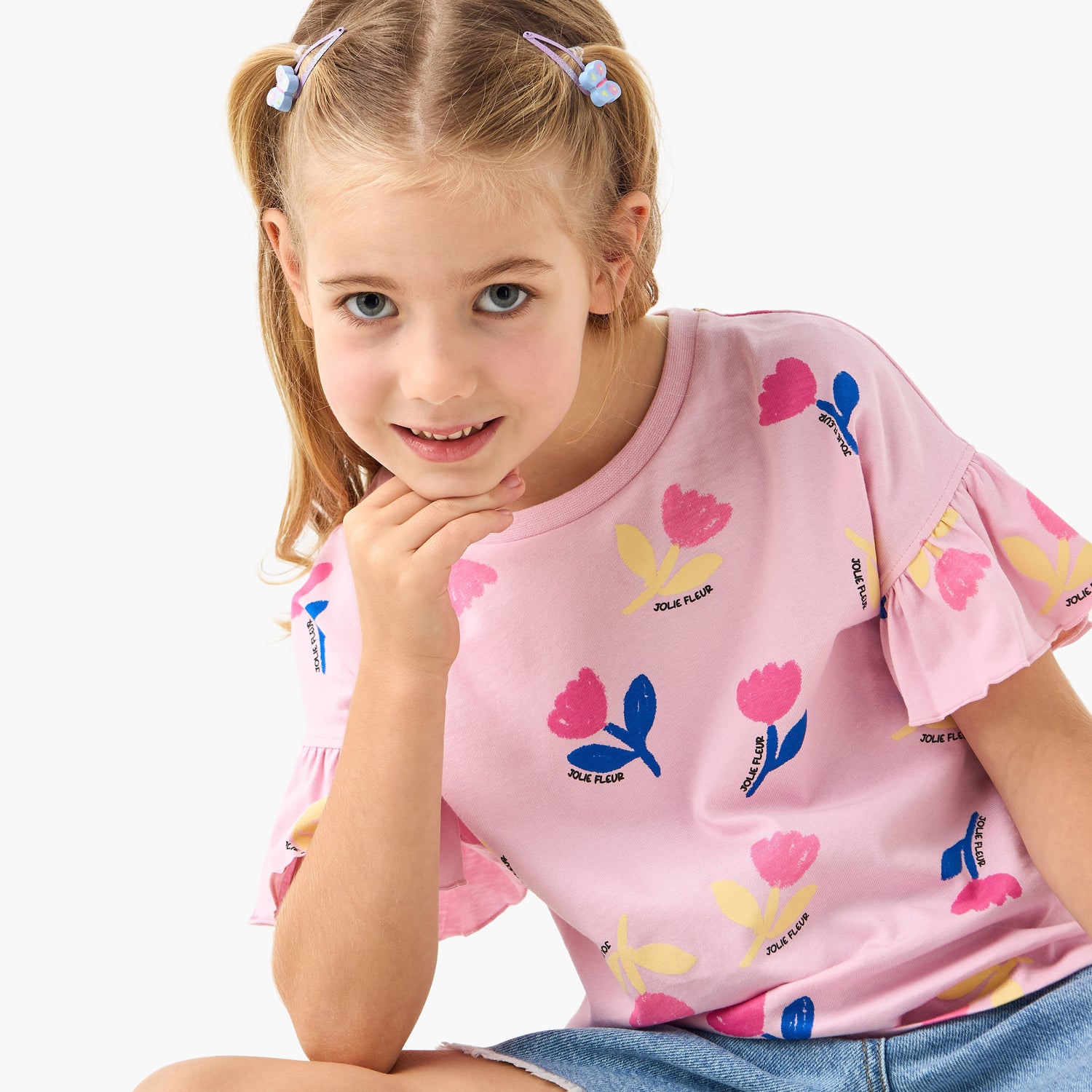 Juniors Floral Print T-shirt with Crew Neck and Ruffle Sleeves - Set of 2
