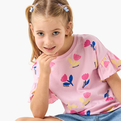 Juniors Floral Print T-shirt with Crew Neck and Ruffle Sleeves - Set of 2