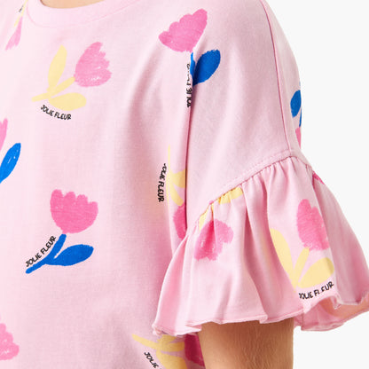 Juniors Floral Print T-shirt with Crew Neck and Ruffle Sleeves - Set of 2