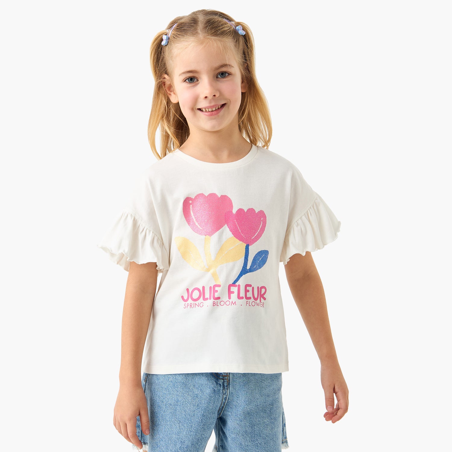 Juniors Floral Print T-shirt with Crew Neck and Ruffle Sleeves - Set of 2