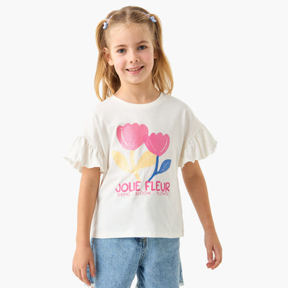 Juniors Floral Print T-shirt with Crew Neck and Ruffle Sleeves - Set of 2