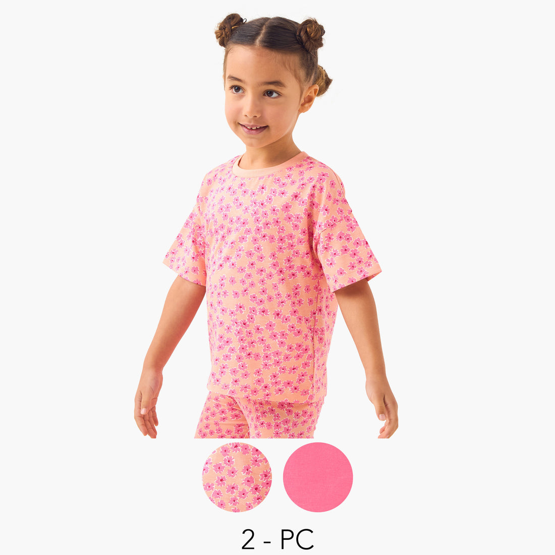 Juniors Printed T-shirt with Drop Shoulder Sleeves - Set of 2 - Pink / 1-2 yrs
