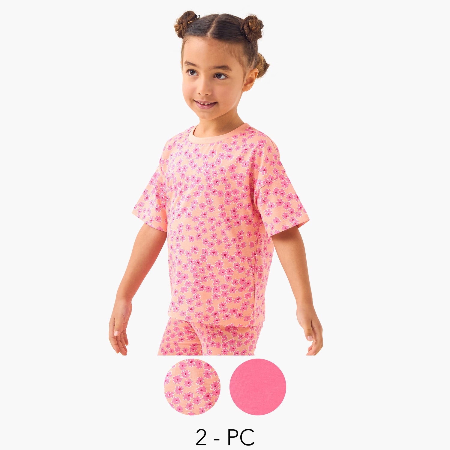 Juniors Printed T-shirt with Drop Shoulder Sleeves - Set of 2 - Pink / 1-2 yrs