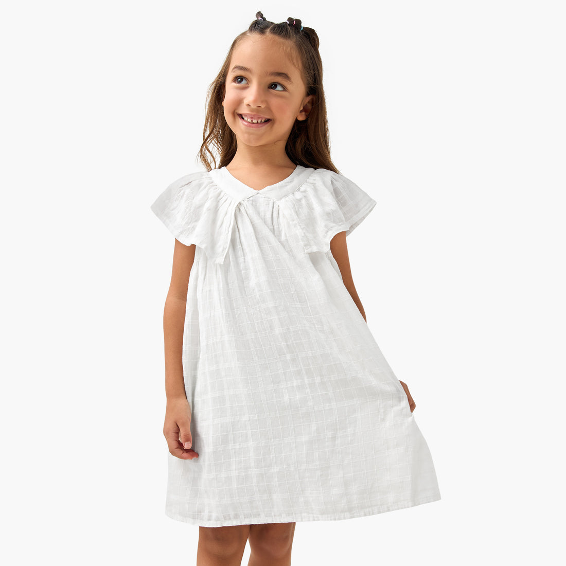 Juniors Checked Sleeveless Dress with Ruffle Detail - White / 2-3 yrs