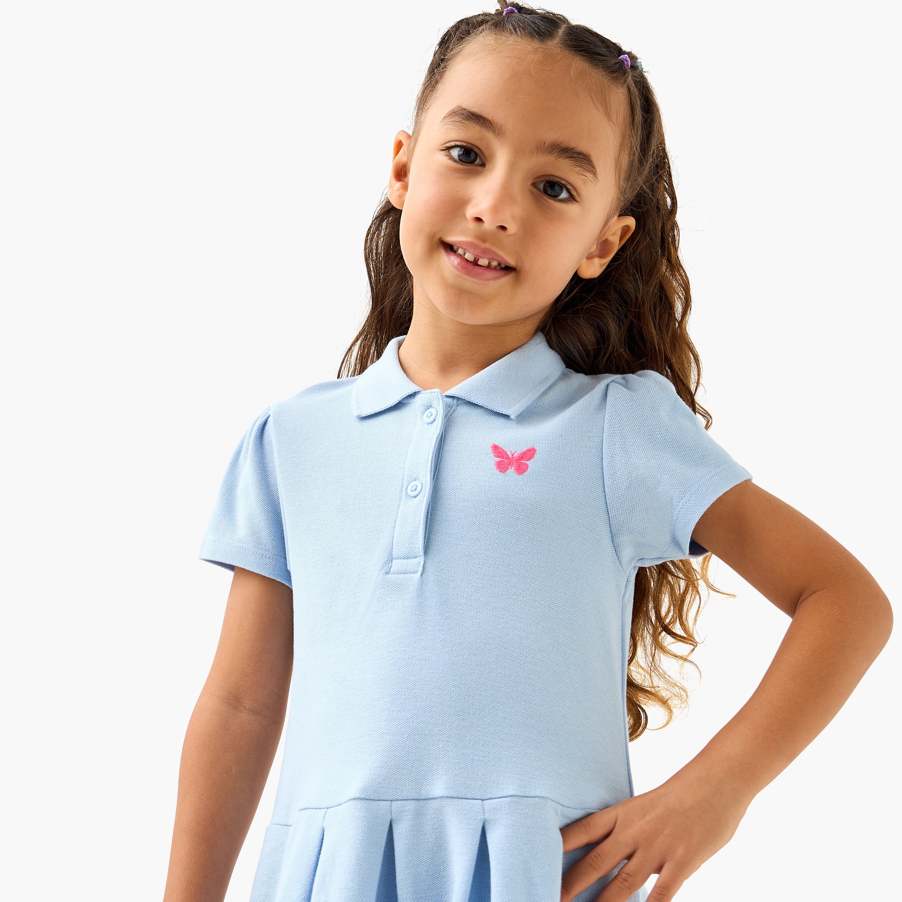 Juniors Butterfly Applique Polo Dress with Short Sleeves