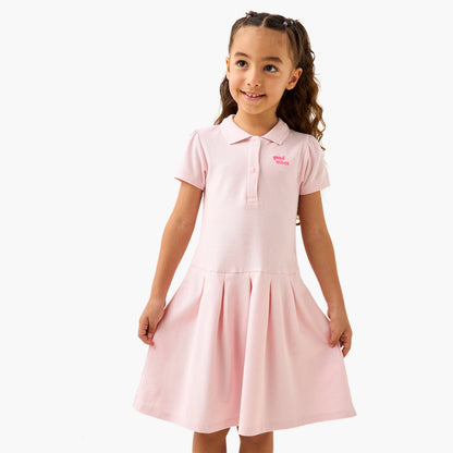 Juniors Embroidered Polo Dress with Short Sleeves - Pink / 1-2 yrs