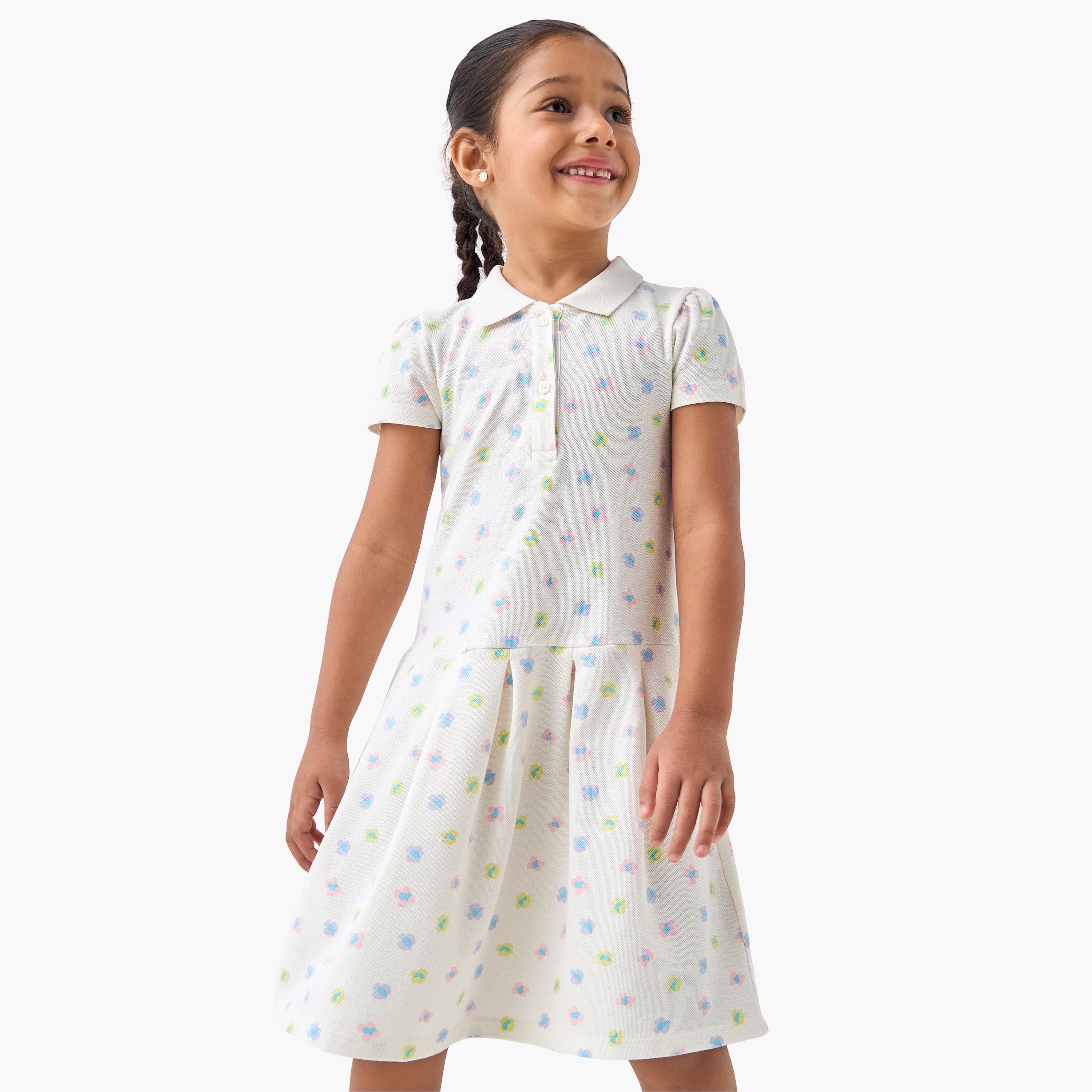 Juniors Floral Printed Polo Dress with Short Sleeves - White / 1-2 yrs