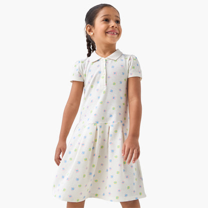 Juniors Floral Printed Polo Dress with Short Sleeves - White / 1-2 yrs
