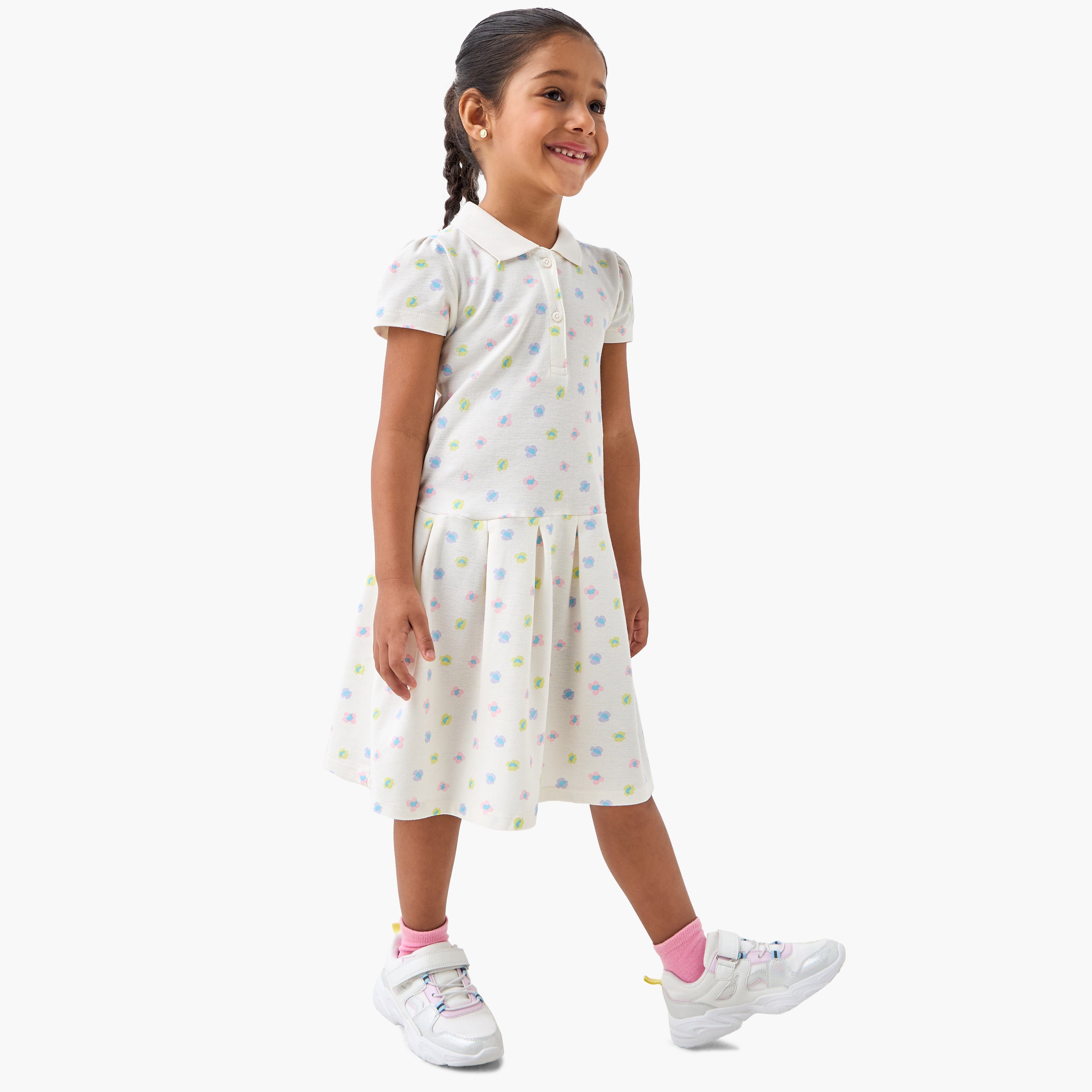 Juniors Floral Printed Polo Dress with Short Sleeves