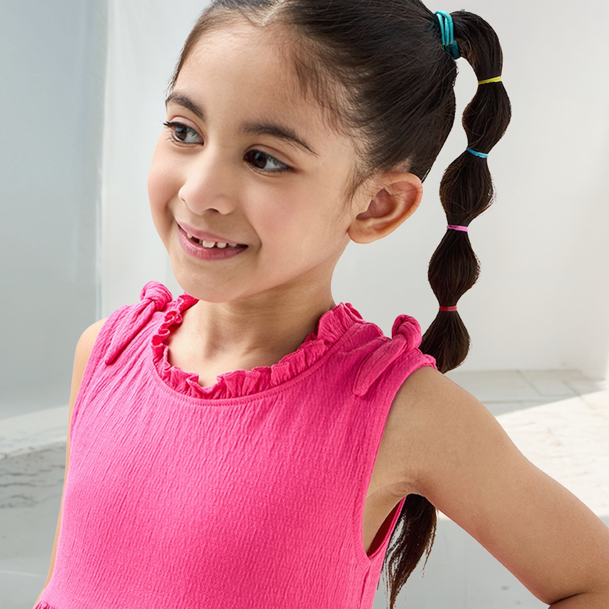 Juniors Textured Sleeveless Dress with Ruffle Trim and Bow Detail