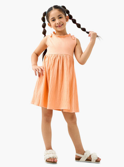 Juniors Textured Sleeveless Dress with Ruffle Trim and Bow Detail-girls-clothing-dressesandjumpsuits-image-1