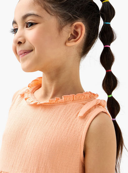 Juniors Textured Sleeveless Dress with Ruffle Trim and Bow Detail-girls-clothing-dressesandjumpsuits-image-4
