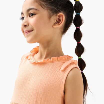 Juniors Textured Sleeveless Dress with Ruffle Trim and Bow Detail