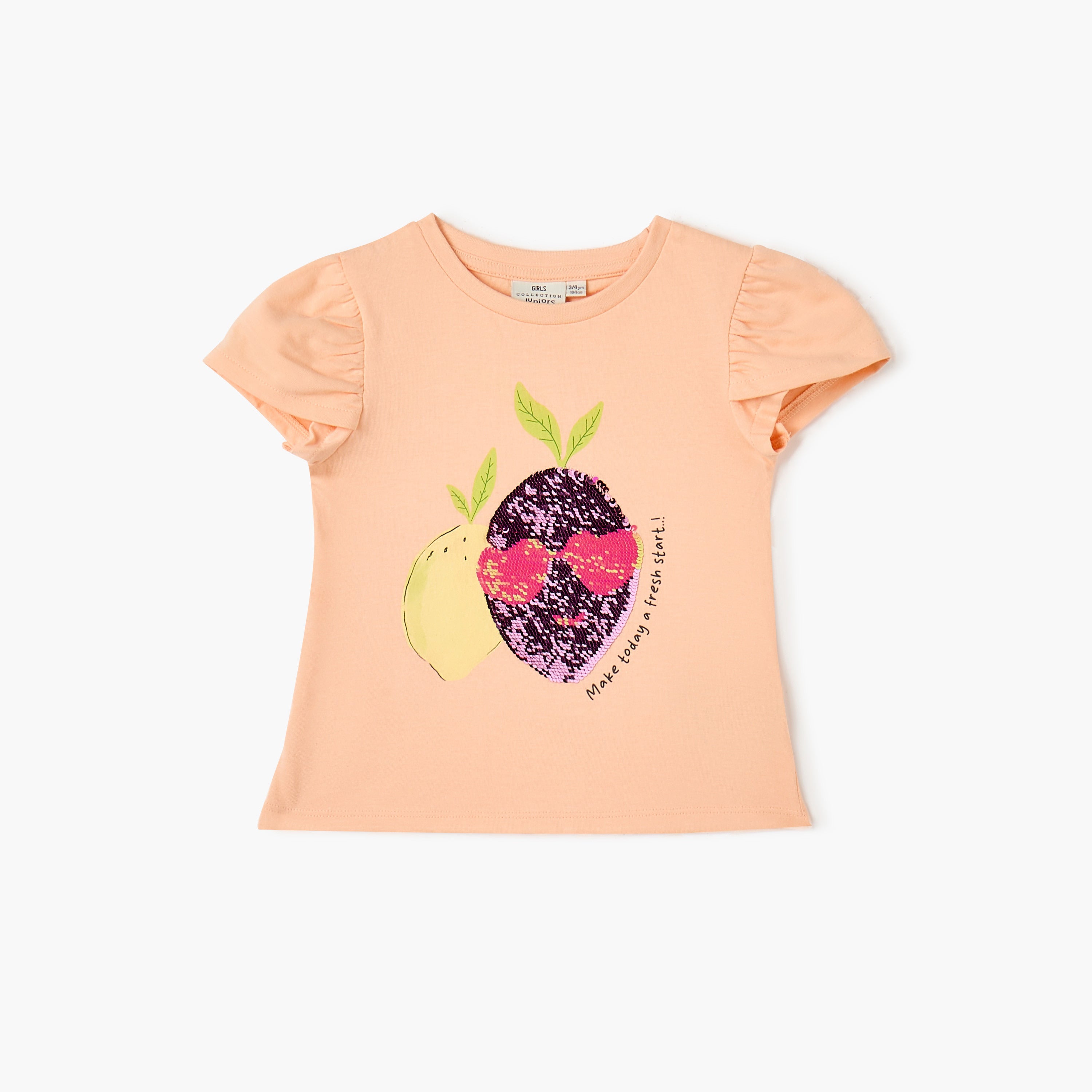 Juniors Sequinned T-shirt with Short Sleeves - Orange / 1-2 yrs