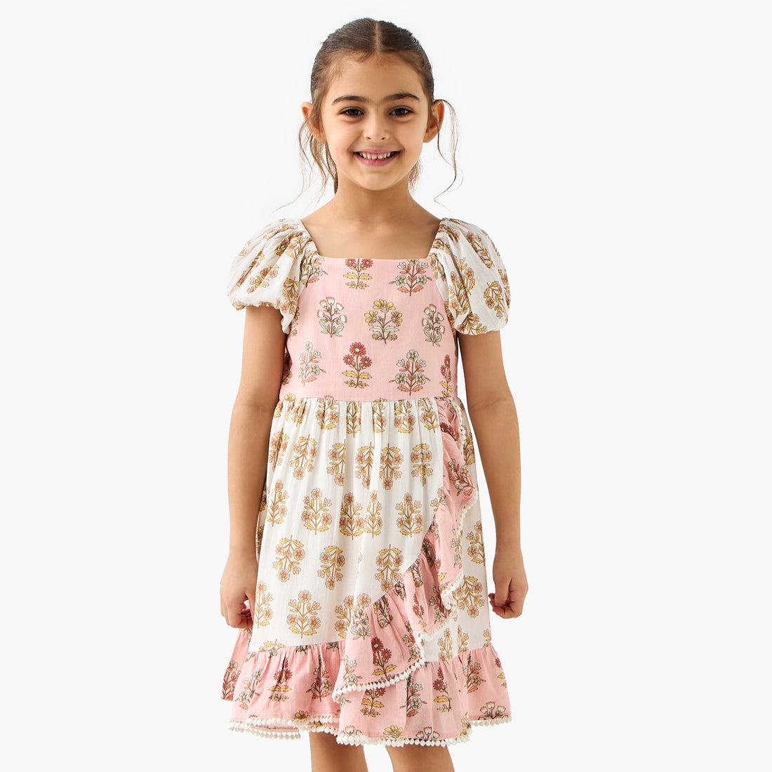 Juniors All-Over Floral Print Dress with Puff Sleeves - Multicolour / 2-3 yrs