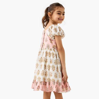 Juniors All-Over Floral Print Dress with Puff Sleeves