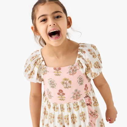 Juniors All-Over Floral Print Dress with Puff Sleeves