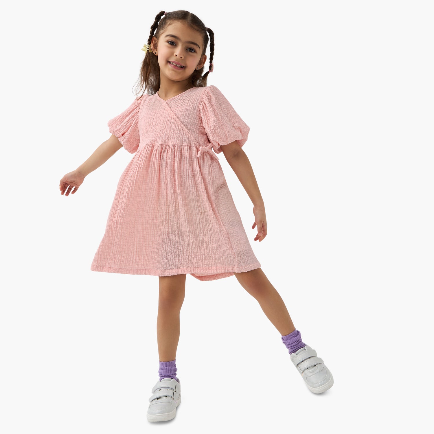 Juniors Textured A-line Dress with Puff Sleeves and V-neck