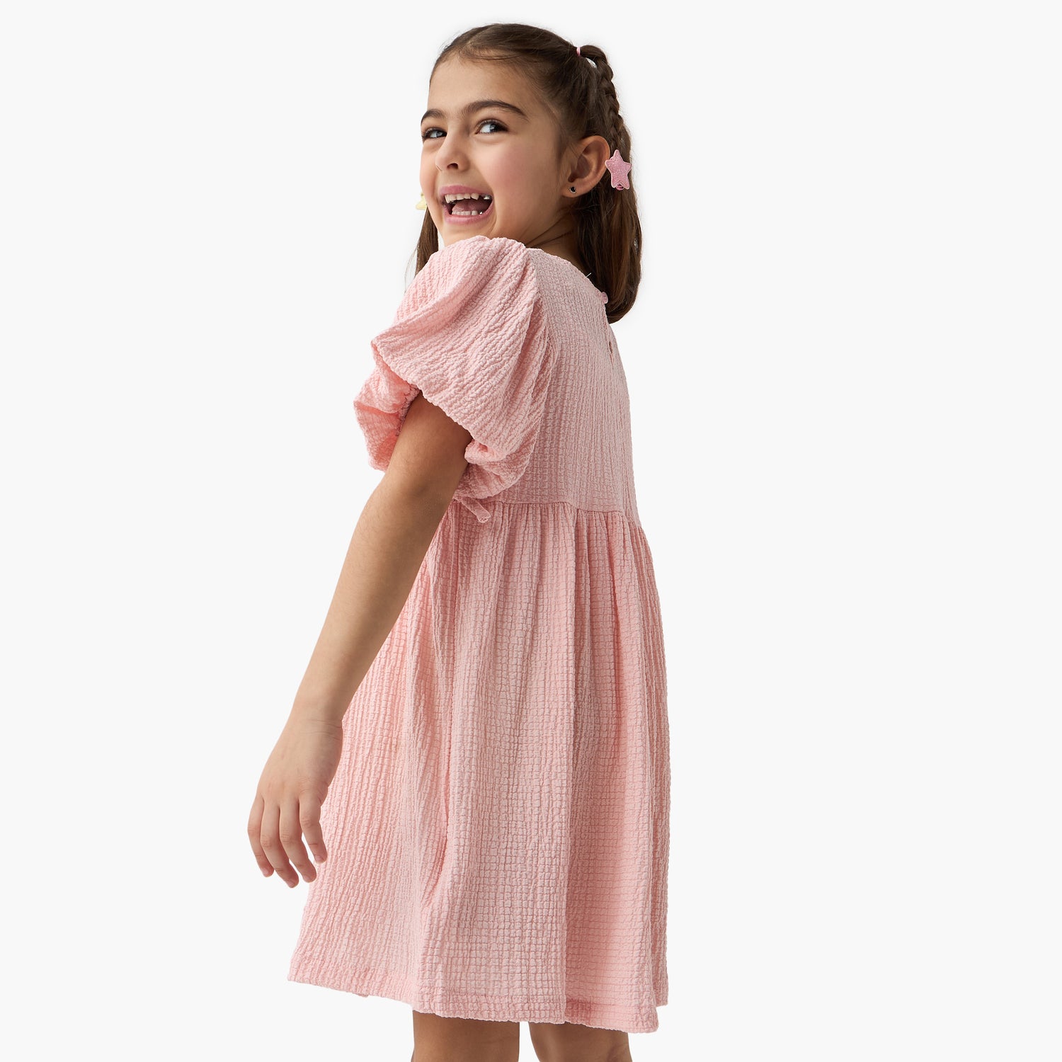 Juniors Textured A-line Dress with Puff Sleeves and V-neck
