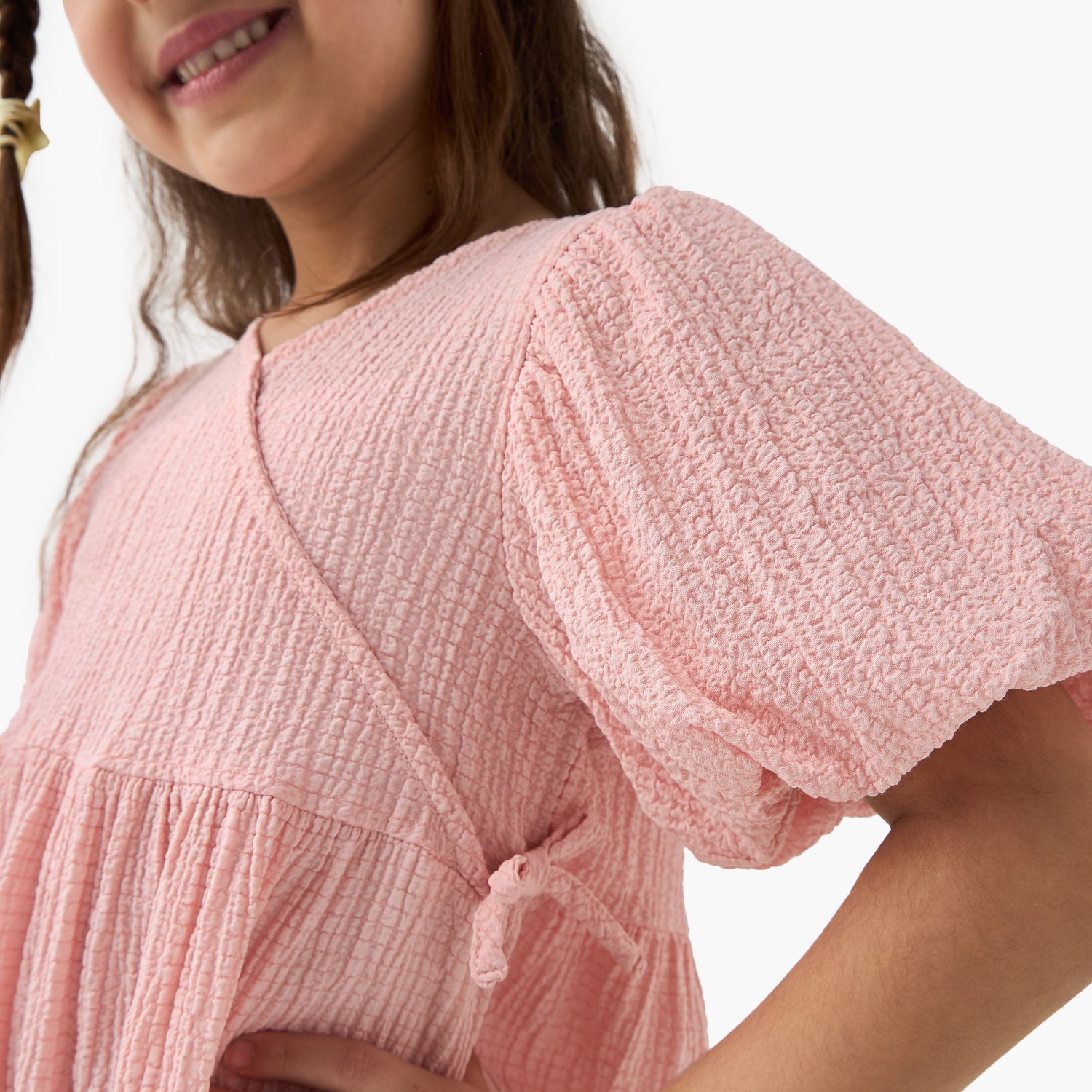Juniors Textured A-line Dress with Puff Sleeves and V-neck