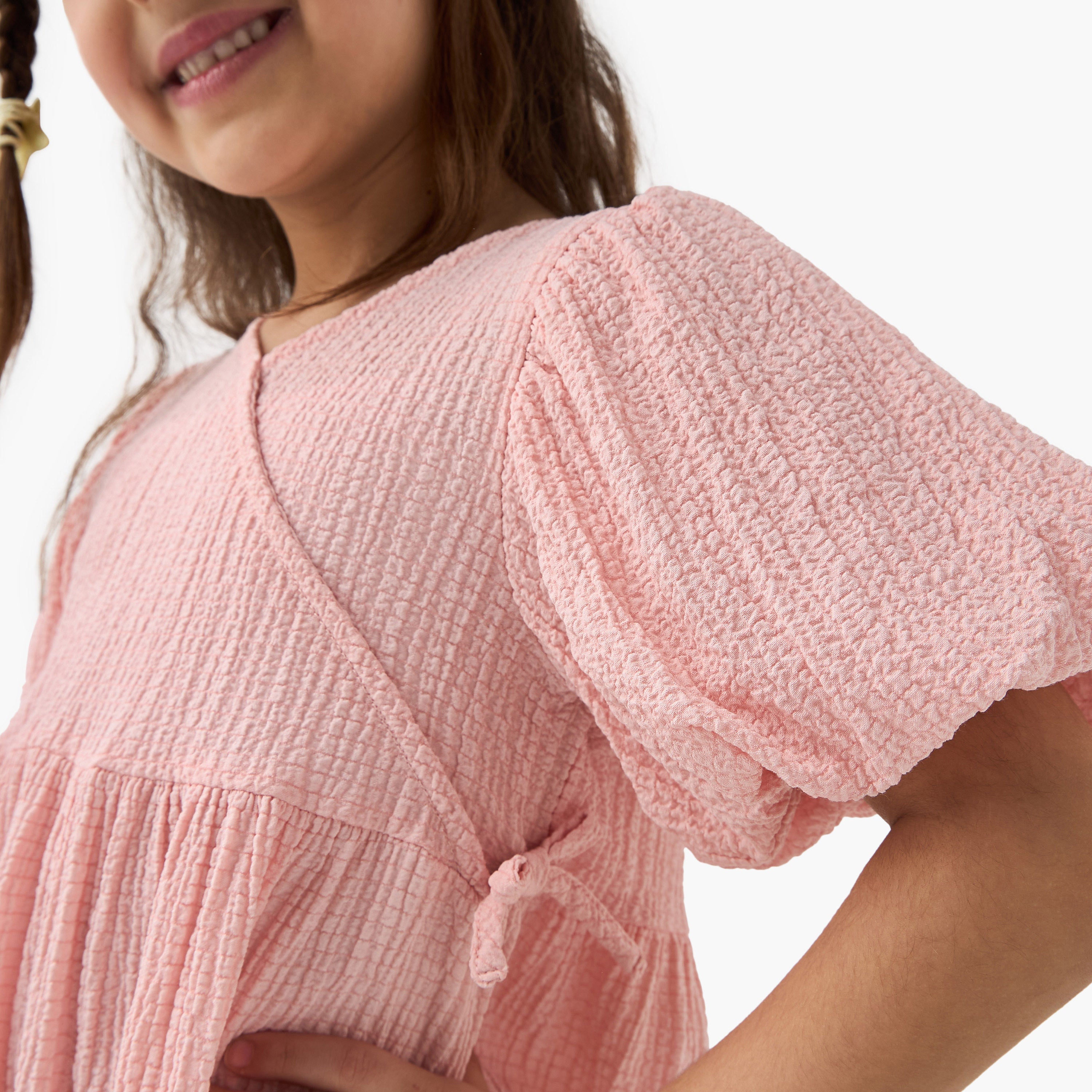 Juniors Textured A-line Dress with Puff Sleeves and V-neck