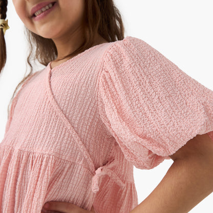 Juniors Textured A-line Dress with Puff Sleeves and V-neck