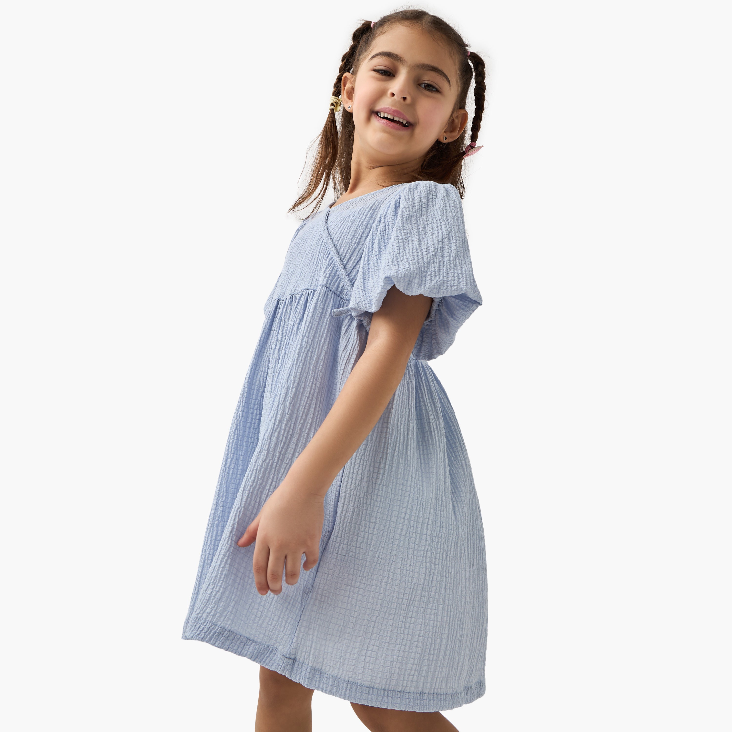 Juniors Textured A-line Dress with Puff Sleeves and V-neck - Blue / 1-2 yrs