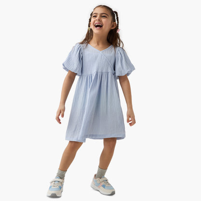 Juniors Textured A-line Dress with Puff Sleeves and V-neck