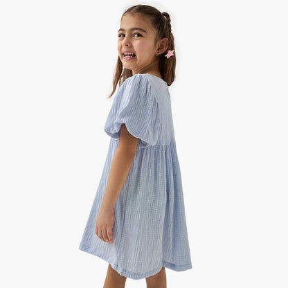 Juniors Textured A-line Dress with Puff Sleeves and V-neck