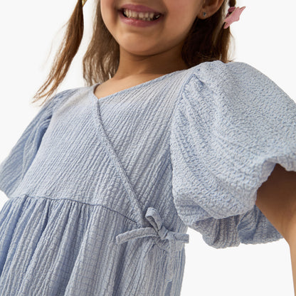 Juniors Textured A-line Dress with Puff Sleeves and V-neck