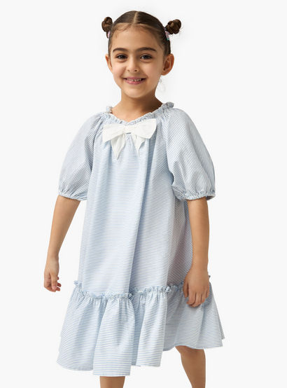 Juniors Striped Dress with Bow Accent and Flounce Hem-girls-clothing-dressesandjumpsuits-image-1