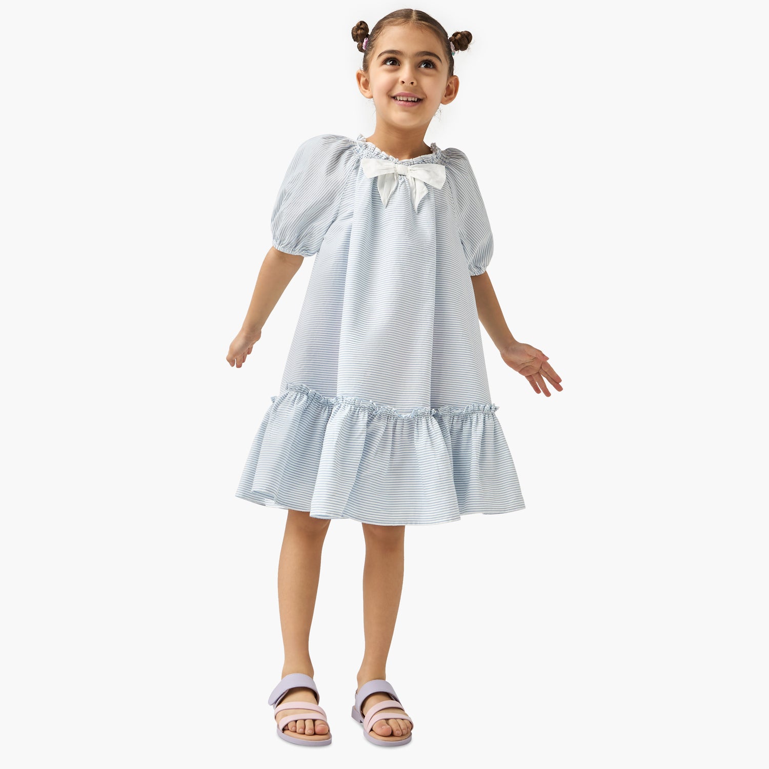 Juniors Striped Dress with Bow Accent and Flounce Hem