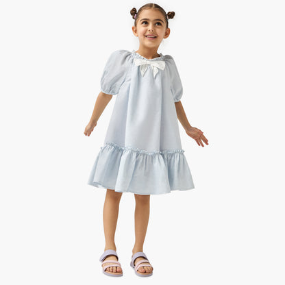 Juniors Striped Dress with Bow Accent and Flounce Hem