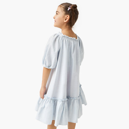 Juniors Striped Dress with Bow Accent and Flounce Hem
