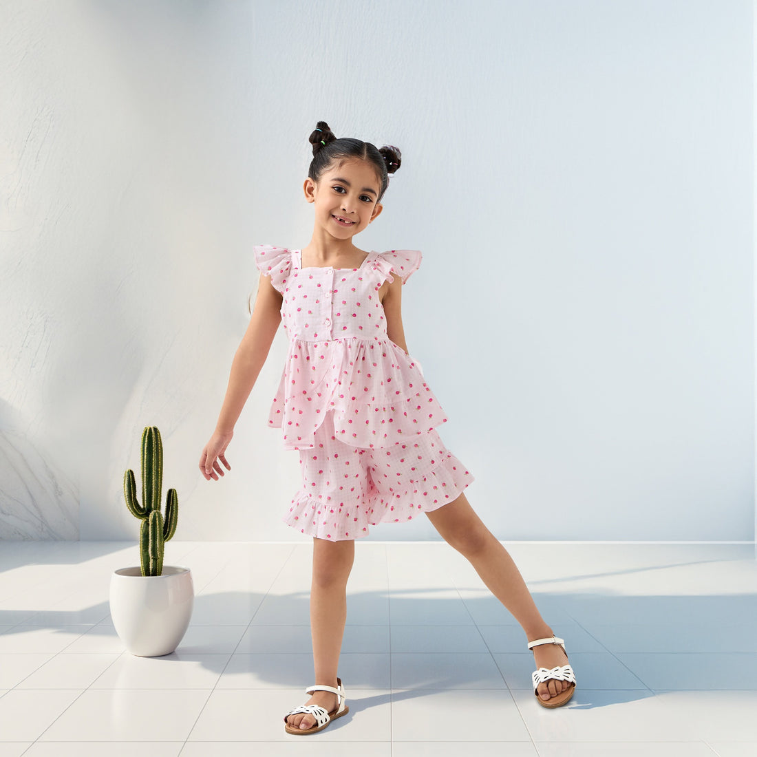Juniors Fruit Print Sleeveless Peplum Top and Shorts Set - Pink / 3-4 yrs