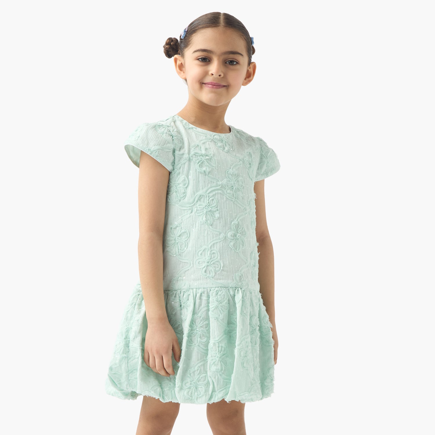 Juniors All-Over Floral Detail Drop Waist Balloon Dress with Cap Sleeves - Green / 1-2 yrs