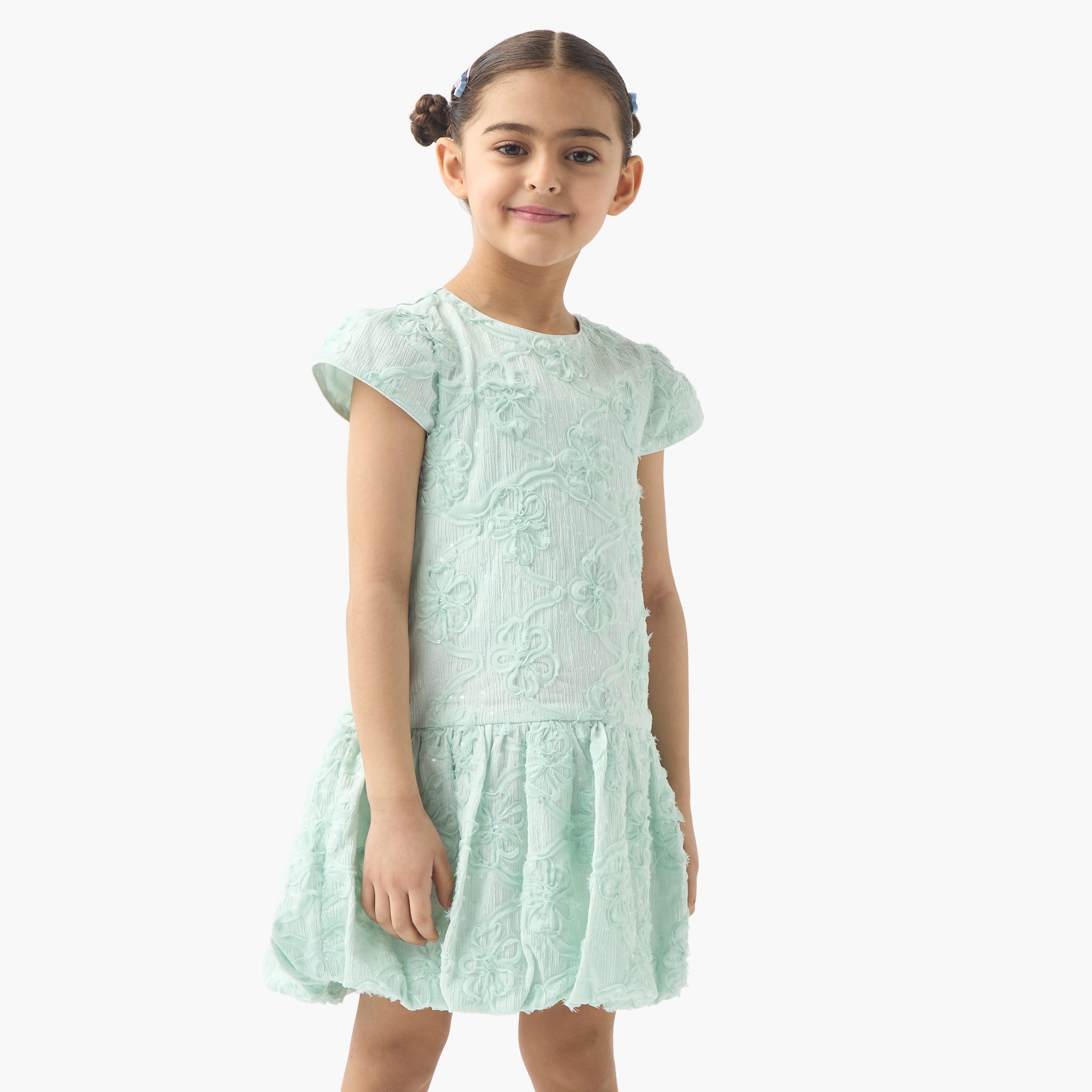 Juniors All-Over Floral Detail Drop Waist Balloon Dress with Cap Sleeves - Green / 1-2 yrs