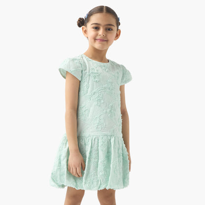 Juniors All-Over Floral Detail Drop Waist Balloon Dress with Cap Sleeves - Green / 1-2 yrs