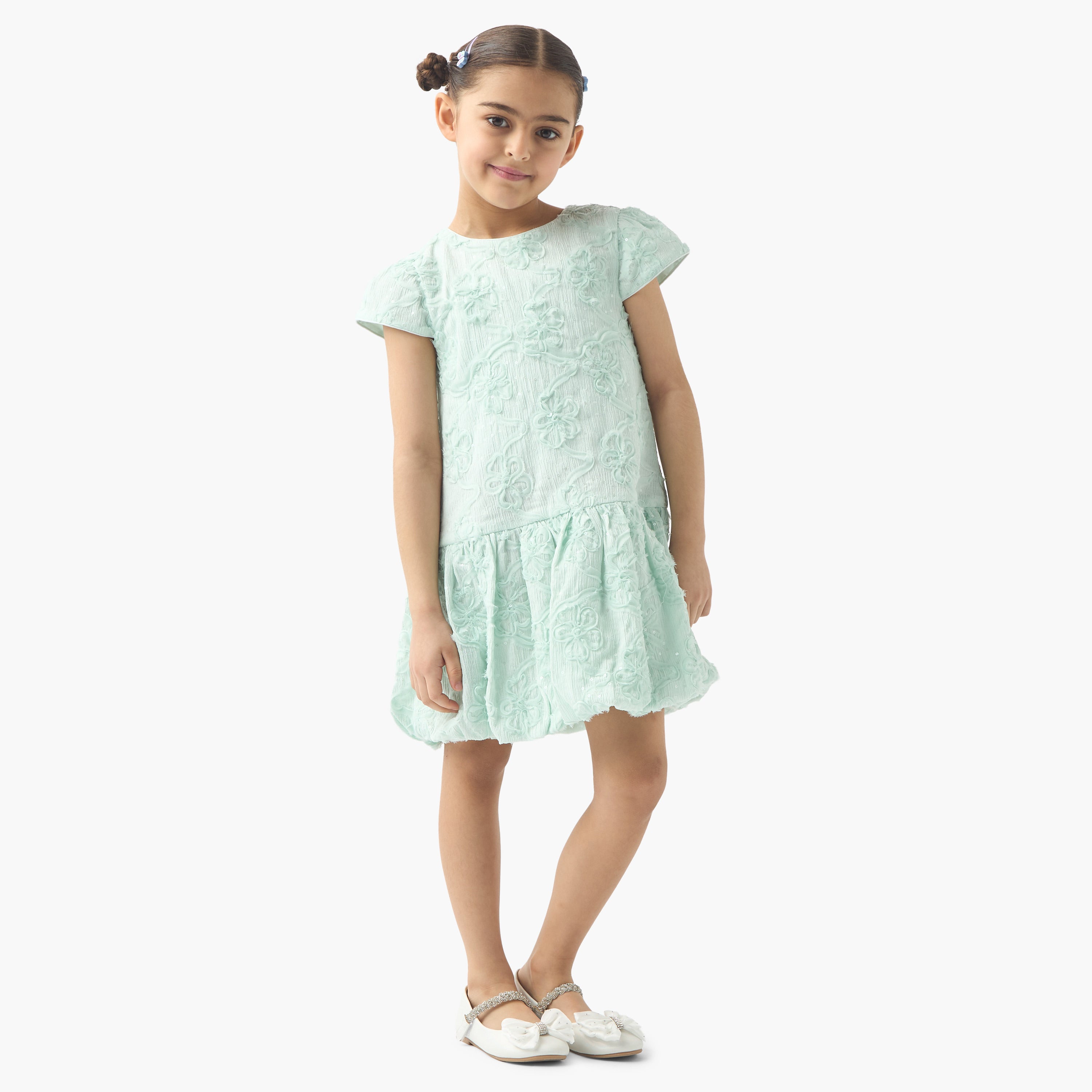 Juniors All-Over Floral Detail Drop Waist Balloon Dress with Cap Sleeves