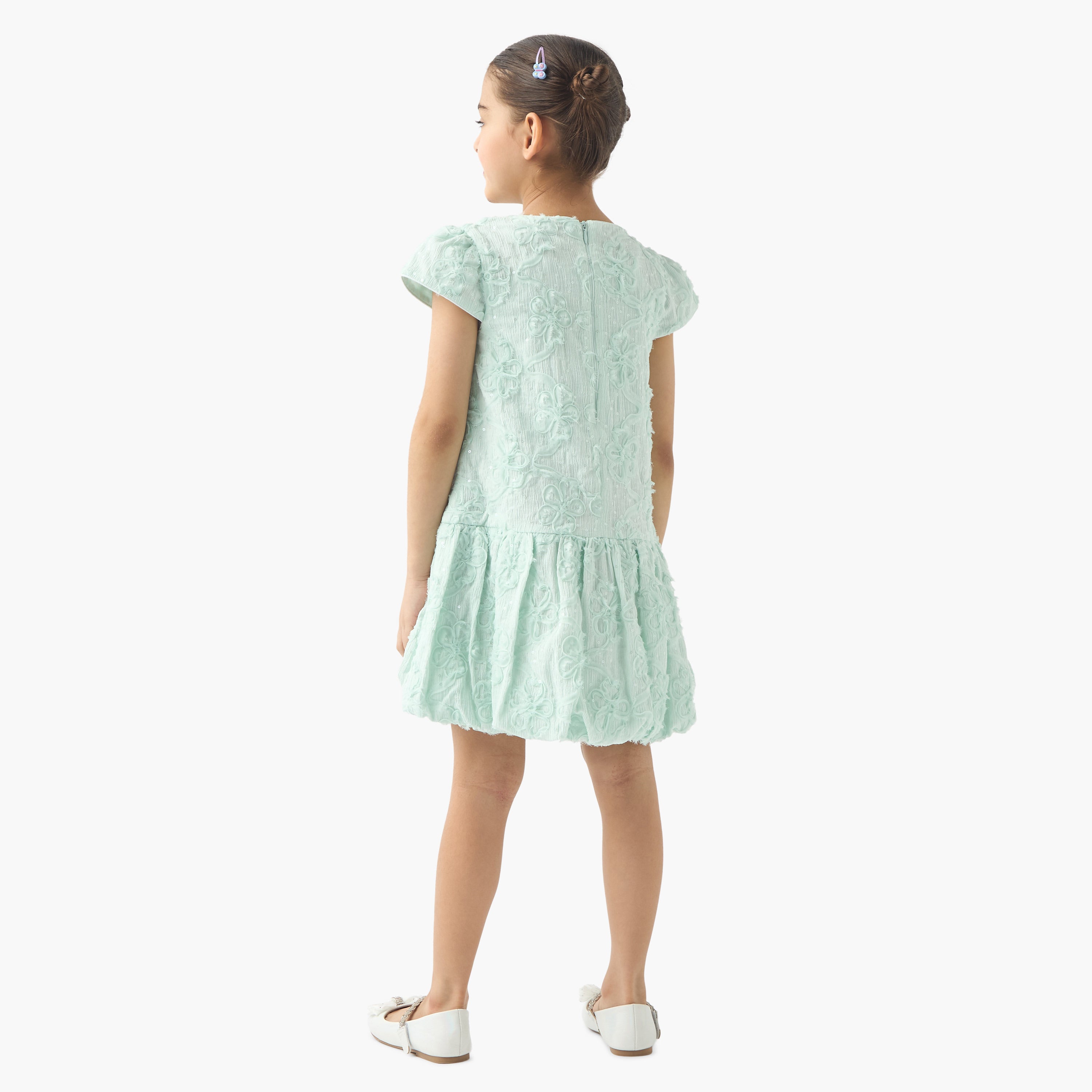 Juniors All-Over Floral Detail Drop Waist Balloon Dress with Cap Sleeves