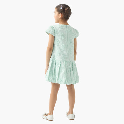 Juniors All-Over Floral Detail Drop Waist Balloon Dress with Cap Sleeves