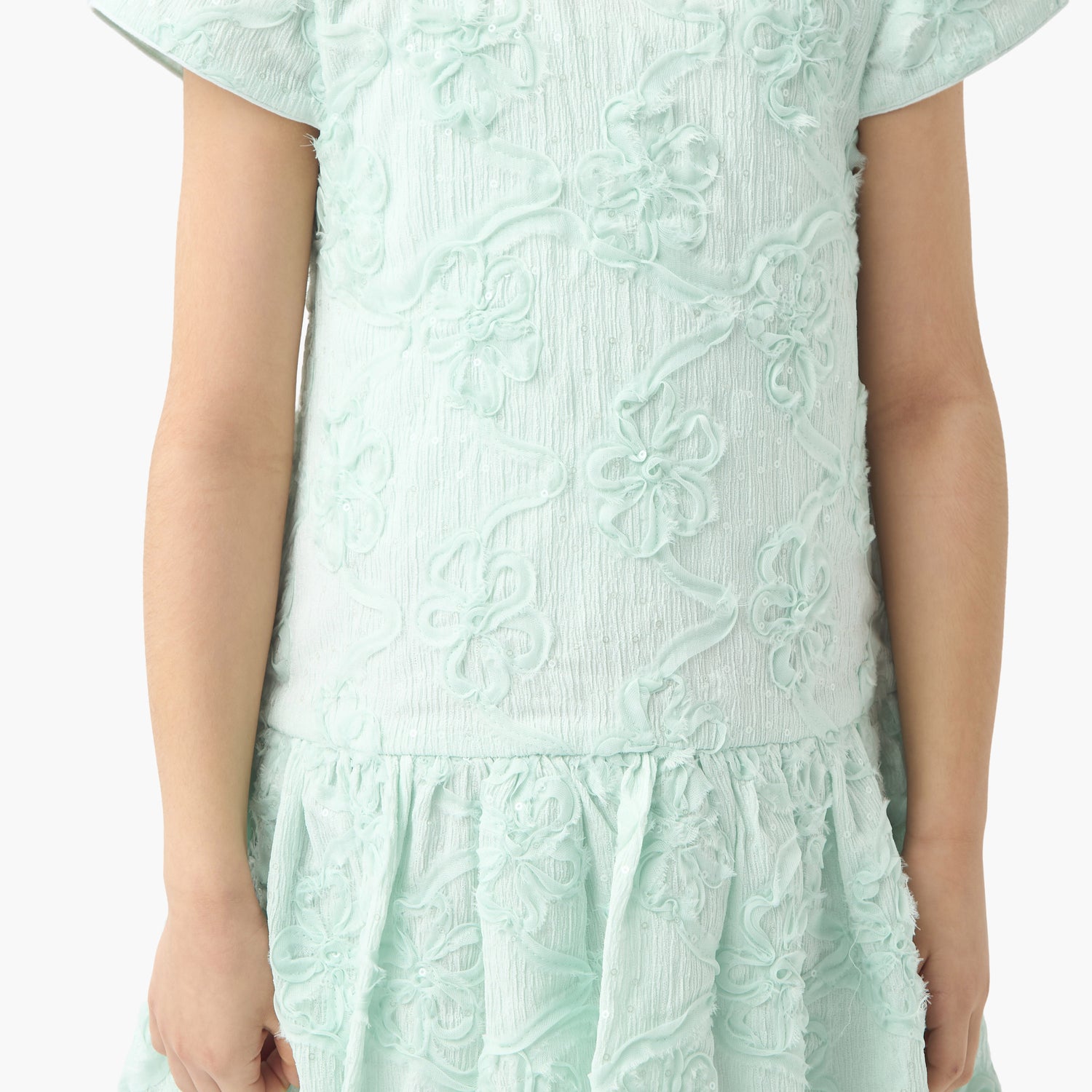 Juniors All-Over Floral Detail Drop Waist Balloon Dress with Cap Sleeves