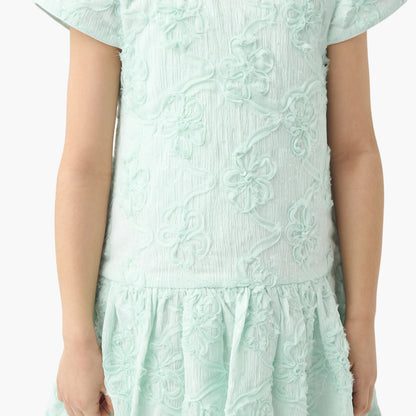 Juniors All-Over Floral Detail Drop Waist Balloon Dress with Cap Sleeves