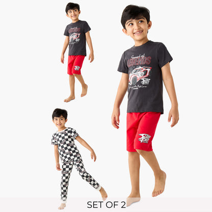 Juniors 4-Piece Printed T-shirts with Shorts and Pyjamas Set - Multicolour / 7-8 yrs